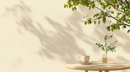 Serene scene featuring light colored wall with soft shadows cast by leafy branch. wooden table holds cup and small vase with greenery