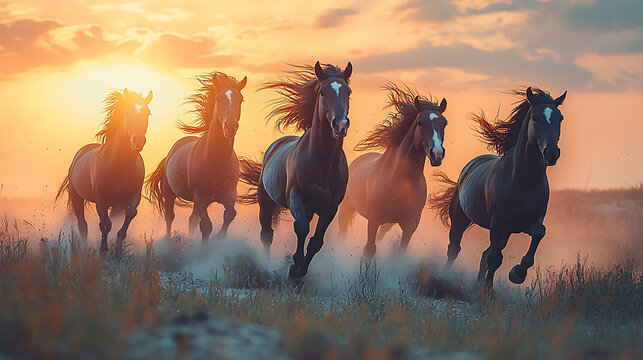 Majestic herd of dark horses galloping at sunset, creating a powerful and evocative image of freedom, wildness, and untamed beauty.