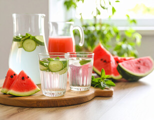 AI generated image showing mineral-rich water, fresh juices, and hydrating foods like watermelon and cucumber with scientific infographic of molecular structures and health benefits
