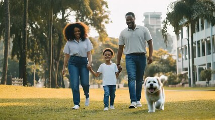 A family consisting of a man, a woman, and a child are walking their dog in a park. The dog is a small white breed and he is very happy as it runs alongside the family - Powered by Adobe