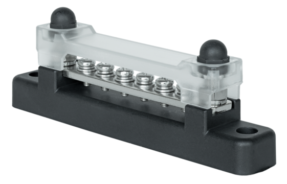 Closeup of a busbar for small projects with black base and caps - Powered by Adobe