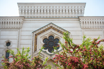 rear facade and exterior of the Great synagogue of Stockholm (Stora synagogan) in summer with...