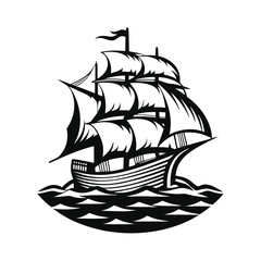 Monochrome Silhouette Majestic Sailing Ship on Wavy Sea, Vintage Nautical Vessel Art