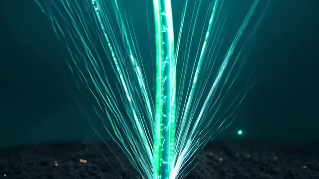 Abstract fractal burst of blue and green light rays with a dandelion pattern and fiber optic texture for a dynamic art background