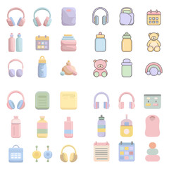 Pastel baby care and toddler essentials icon set, including headphones, bottles, toys, and calendars&mdash;ideal for baby stores, parenting blogs, and nursery themes.


