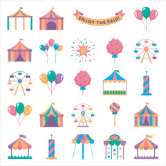 Fun Fair Icon Set, Colorful Rides and Festive Elements
