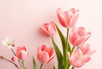 Obraz premium Minimalist peach blossom & tulip banner design Spring, Mother's Day, Women's Day, Grandma's Day, birthday, white, spring