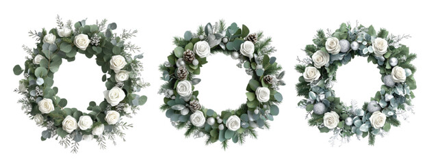 Three elegant holiday wreaths featuring white roses, eucalyptus leaves, pine cones, and decorative silver accents on a white background