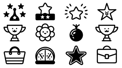 Naklejka premium Collection of black and white doodle style icons featuring stars trophies flowers and other illustrated symbols