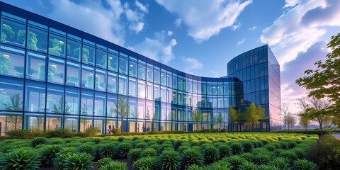 Modern glass biotech center, lush green landscape,   plant,   garden