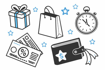 Vector illustrations of a gift box, shopping bag, stopwatch, coupons, and wallet, great for design.