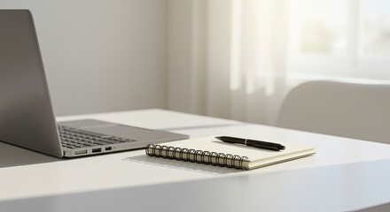 Silver Laptop and Black Pen on White Desk in Bright Minimalist Workspace Interior Under Natural Light