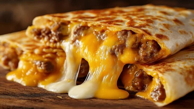 Cheesy beef quesadillas melted with cheese on wooden board 