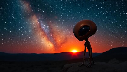 Orange alien sunset, starry Milky Way backdrop,  vibrant,  majestic