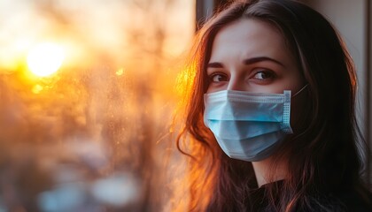 Woman wearing a face mask looking out a window at sunset.