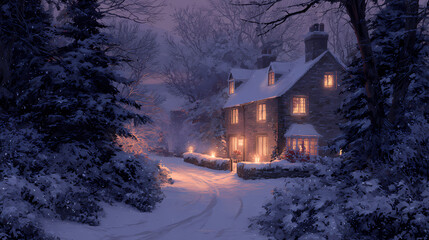 faith-based inspirational artwork | nostalgia of place | sentimental calm | frosty winter hues | central warm focus | glowing windows | candlelight accents | glow layering | holiday cottage evening |