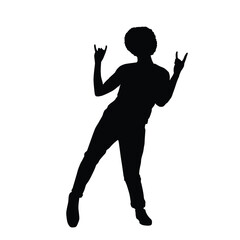 Silhouette of a dancing person with curly hair and rock hand signs, expressing joy and energy