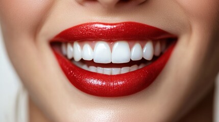 Obraz premium Radiant smile with white teeth and glossy red lipstick promoting dental health and cosmetic beauty