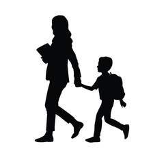 The silhouette of a woman and child walking hand in hand, going to school, symbolizes care, guidance, and family ties