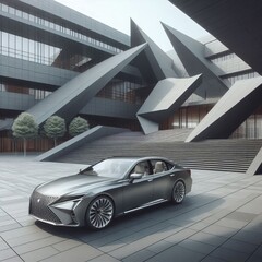 Tall angular ramps in a corporate plaza of grey origami lead to