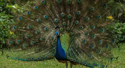 Obraz premium Elegant Peacock Displaying Vibrant Feathers on Green Grass with Colorful Pattern and Blue Accents
