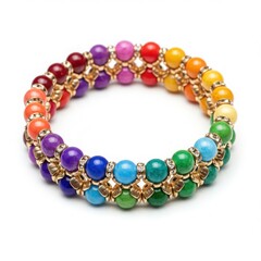 Obraz premium Close up of a colorful beaded bracelet with gold accents on a white background