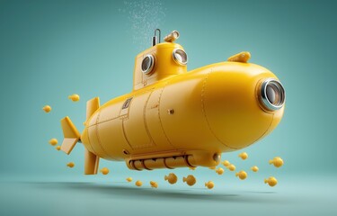 Vivid yellow submarine explores serene teal ocean with playful abstract fish and music notes in a minimalist fantasy setting