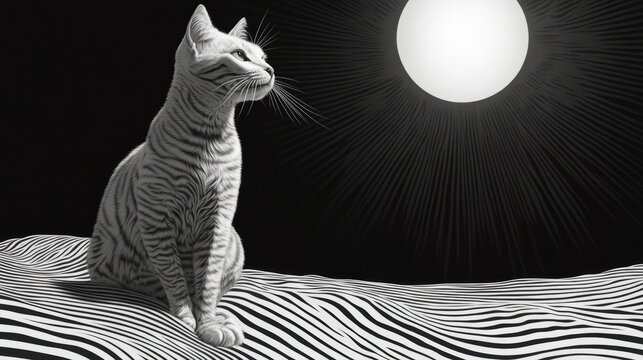 Elegant serene gray tabby cat gaze sitting in black and white scenery with moon shine artistic expression - Powered by Adobe