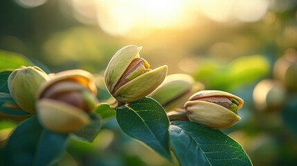 Captivating pistachio nut still life on a branch with radiant sunlight in a vibrant green and golden natural setting serene and fresh close up shot