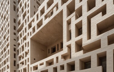 Close-up view of a modern building facade showcasing intricate geometric patterns in neutral tones