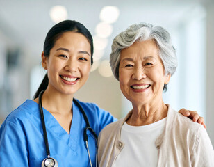 AI generated happy Asian senior woman in wheelchair being cared for by nurse in clean white hospital setting with medical equipment. Represents elderly care, health services and compassionate nursing.