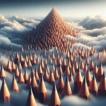 A mountain range made of sharpened pencils tips piercing the clo