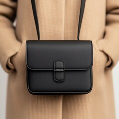 Compact crossbody bag in a smooth matte finish, styled in a minimalist wardrobe setting