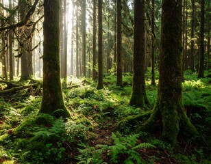 Obraz premium Sunlight streams through a mossy forest