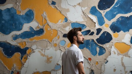 A thoughtful young man standing in profile against a colorful, peeling wall with abstract patterns in blue, orange, and cream hues