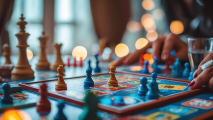 Close-up of a colorful board game with game pieces and vibrant surroundings, evoking a playful atmosphere