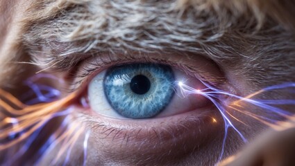 Close-up of a human eye with vibrant blue iris and electric energy patterns around the pupil, conveying a sense of connection