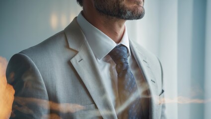Close-up portrait of a man in a light gray suit, exuding confidence and sophistication with soft lighting and a blurred background