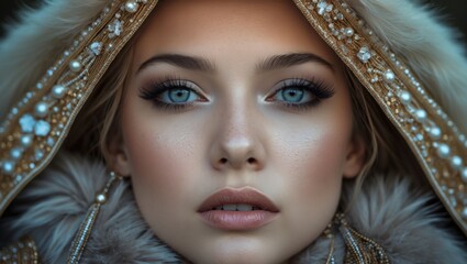 Close-up portrait of a young woman with striking blue eyes wearing a stylish fur hood, showcasing bold makeup and a serene expression