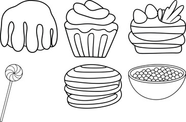 Hand Drawn Vector Line Art of Desserts and Sweets