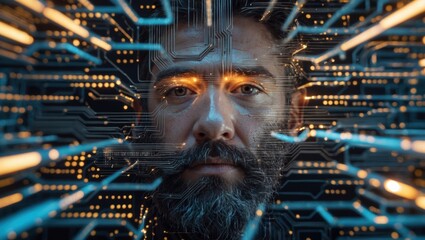 Close-up portrait of a man with a beard surrounded by glowing circuit patterns and digital light effects