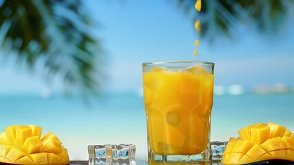 Refreshing Mango Juice Poured Over Ice Cubes with Cut Mangoes on a Table in Front of a Turquoise Ocean and Palm Trees on a Sunny Day - Powered by Adobe