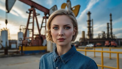 Confident young woman in a denim shirt stands at an industrial site during sunset, surrounded by oil pumps and refinery structures