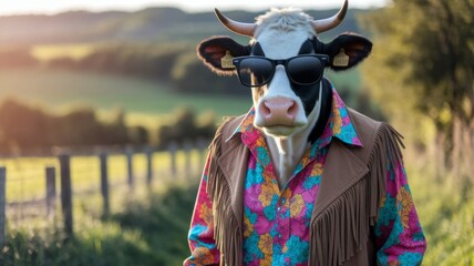 Funny Cow wearing hippie in sunglasses.