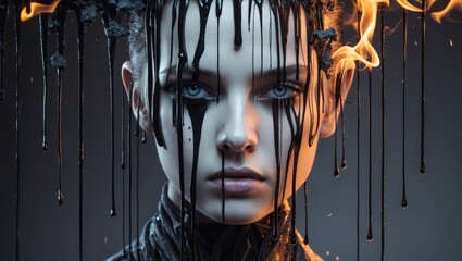 A striking portrait of a young woman with dramatic facial paint and flowing black liquid merging with fire, blending emotions