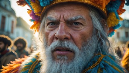 An elderly man with a vibrant, colorful headdress and intense expression, surrounded by blurred festival scenes
