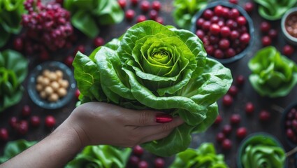 Fresh green lettuce held in hand surrounded by various fruits and nuts on a rustic wooden background
