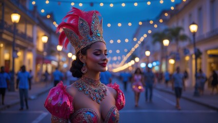 A beautiful woman in an elaborate feathered costume stands confidently in a vibrant street adorned with festive lights at dusk