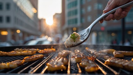 A hand holding a fork gracefully adds garnish to grilled vegetables as sunlight sets in an urban environment