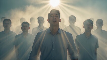 Group of young men standing in a foggy environment, with one man in front looking up towards a bright light source, symbolizing hope and unity